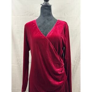 Halara Sangria V Neck Long Sleeve Ruched Split Velvet Midi Casual Dress, Size L
